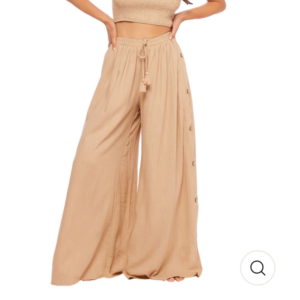 Wide Leg Tie-Waist Palazzo Pants - Beige